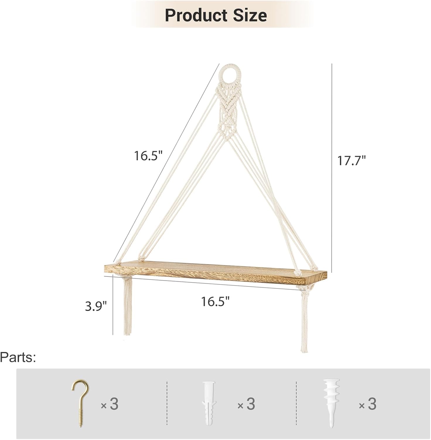 Mkono Macrame Hanging Shelves Boho Wall Decor Set of 3 Rustic Wood Floating Storage Shelf for Bedroom Bathroom Living Room Nursery Dorm Room, Display Shelving for Hanging Plants Photos