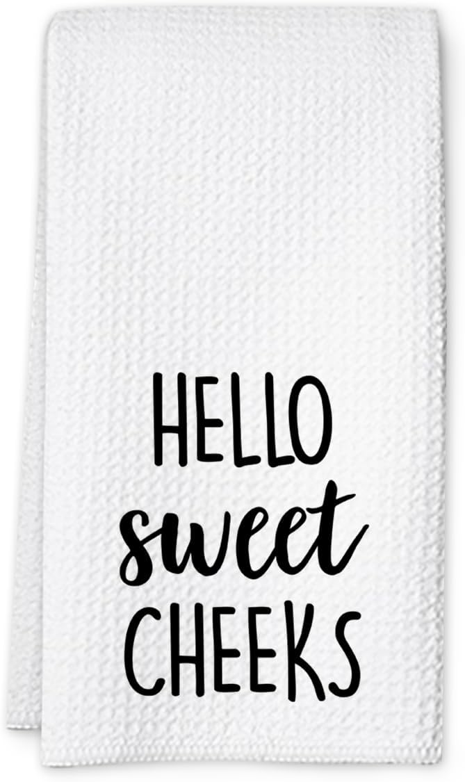 Hello Sweet Cheeks Hand Towel, Waffle Weave Microfiber Bathroom Towel, Funny Rustic Farmhouse Decor, Cute Guest Bathroom Accent