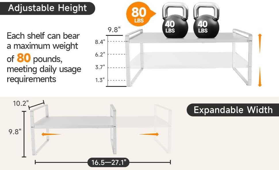 16.5~27.1" Expandable Shelf Organizer, 1Pack 8.1" Wide Stackable Cabinet Shelf Organizers, White Metal Sturdy Kitchen Counter Storage for Countertop, Adjustable Height Spice Rack