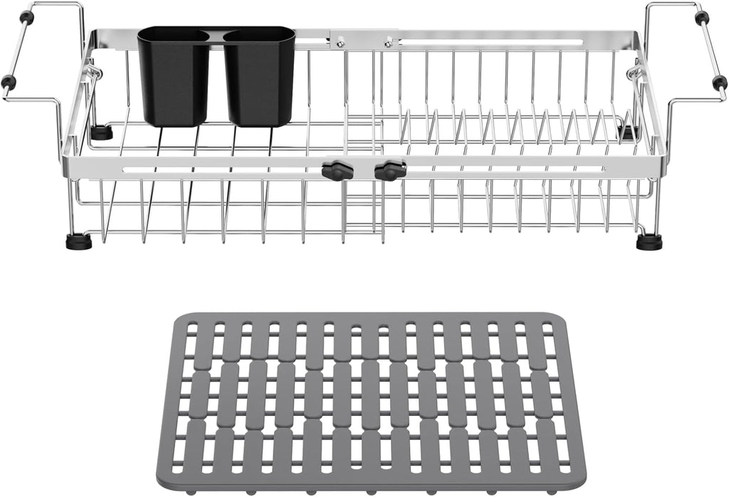 GSlife Expandable Sink Dish Drying Rack - Stainless Steel Capacity Adjustable Over The Sink Dish Rack (13.4''-20.4'') with Sink Mat and Utensil Holder, Silver