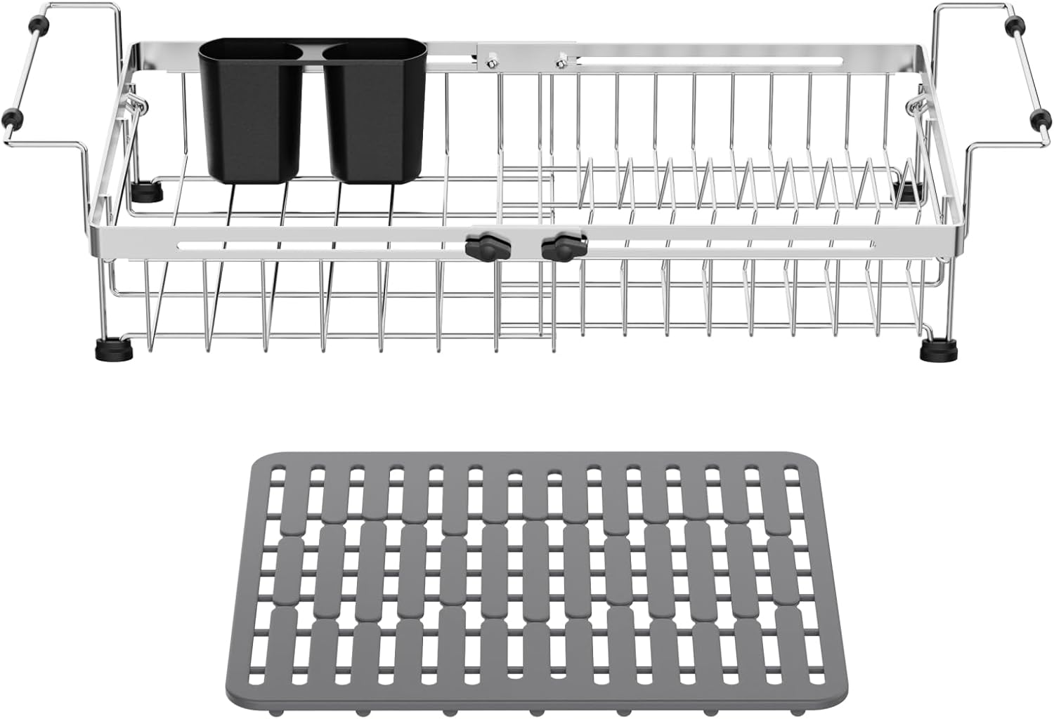 GSlife Expandable Sink Dish Drying Rack - Stainless Steel Capacity Adjustable Over The Sink Dish Rack (13.4''-20.4'') with Sink Mat and Utensil Holder, Silver