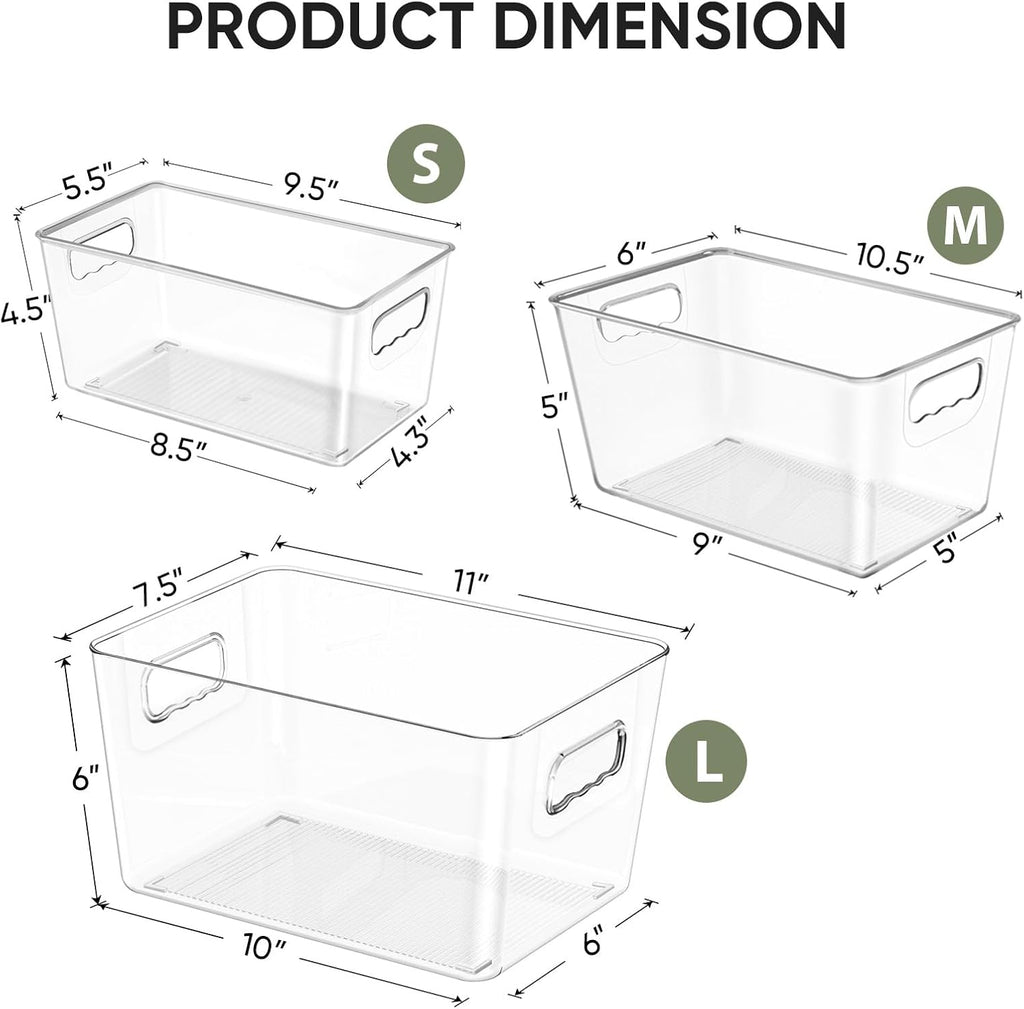 BALEINE Clear Plastic Storage Bins, Pantry Organization, BPA Free Stackable Refrigerator Organizers and Storage with Handles for Kitchen Fridge Cabinet Bathroom (8PK, 9.5x5.5x4.5)