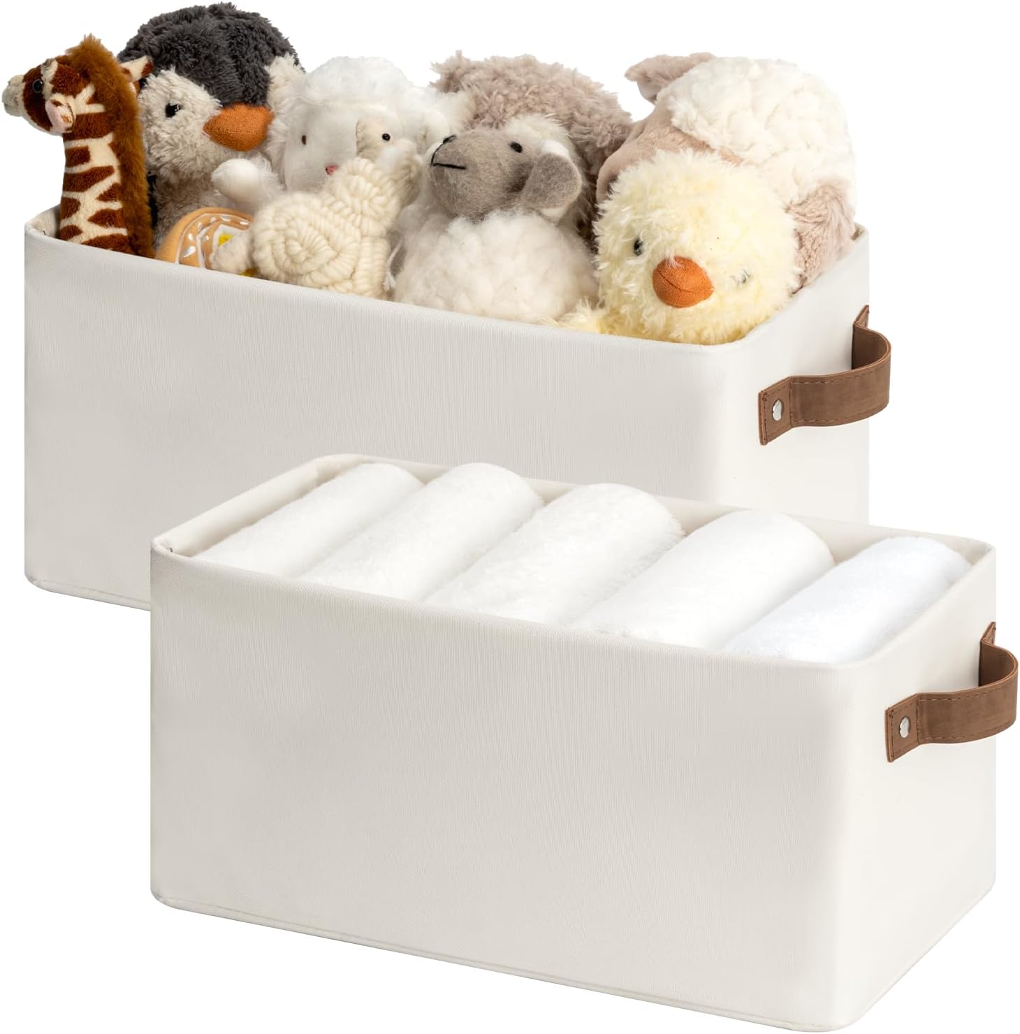 StorageWorks Narrow Storage Bins, Small Basket for Closet and Shelves, Rectangular Fabric Organizer with Handles, Toilet Paper Storage, Beige, 2-Pack