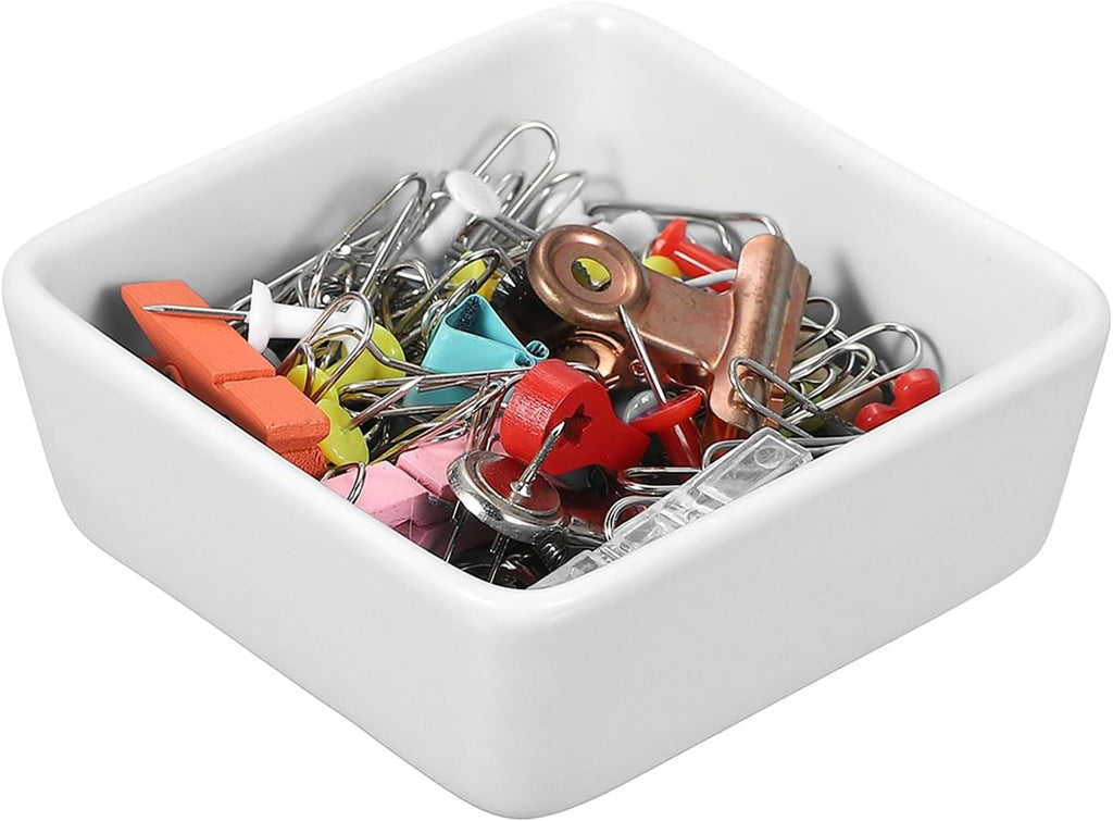 PATIKIL Square Paper Clip Holders, Ceramic Bowl Dish Clip Dispenser Organizer Desk Organizer Accessories for Office Desktop Decor Bobby Pin Binder Paper Clamp, White