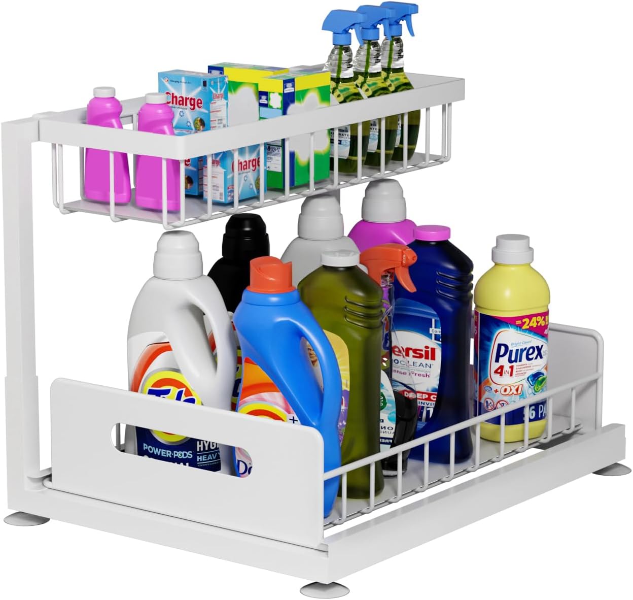 2-Tier Under Sink Slide Out Organizer, Pull Out Cabinet Storage Shelf with Sliding Wire Basket Drawer for Bathroom Kitchen, Countertop or Pantry Shelf, White