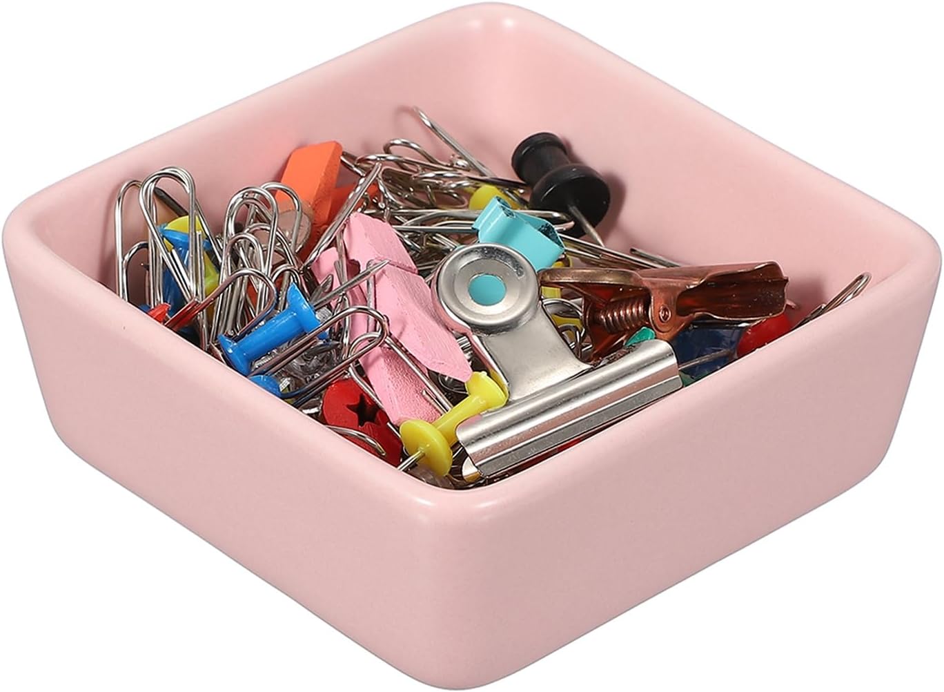 PATIKIL Square Paper Clip Holders, Ceramic Bowl Dish Clip Dispenser Organizer Desk Organizer Accessories for Office Desktop Decor Bobby Pin Binder Paper Clamp, Pink