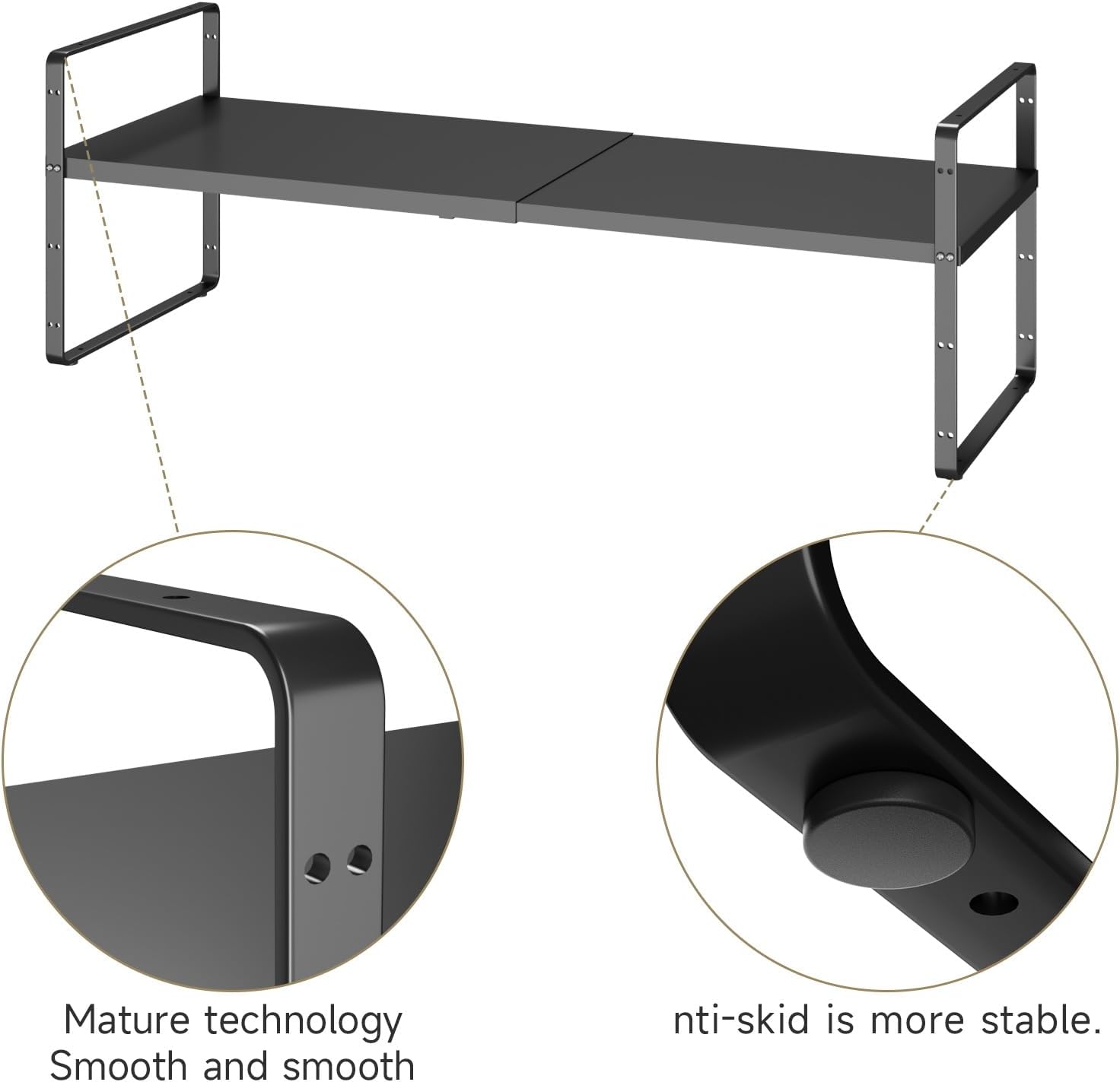 16.5~27.1" Expandable Shelf Organizer, 1Pack 8.1" Wide Stackable Cabinet Shelf Organizers, Black Metal Sturdy Kitchen Counter Storage for Countertop, Adjustable Height Spice Rack