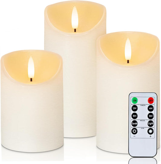 Homemory Flickering Flameless Candles, Realistic LED Candles with Remote and Timer, Textured Wax with Water Ripple, Battery Operated Wax Candles, Set of 3, Ivory