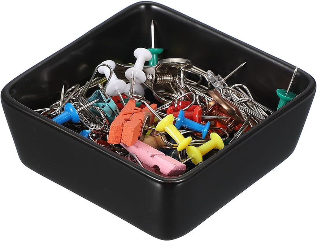 PATIKIL Square Paper Clip Holders, Ceramic Bowl Dish Clip Dispenser Organizer Desk Organizer Accessories for Office Desktop Decor Bobby Pin Binder Paper Clamp, Black