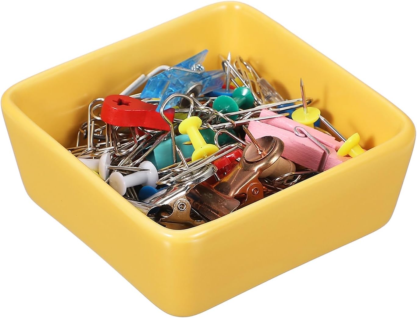 PATIKIL Square Paper Clip Holders, Ceramic Bowl Dish Clip Dispenser Organizer Desk Organizer Accessories for Office Desktop Decor Bobby Pin Binder Paper Clamp, Yellow