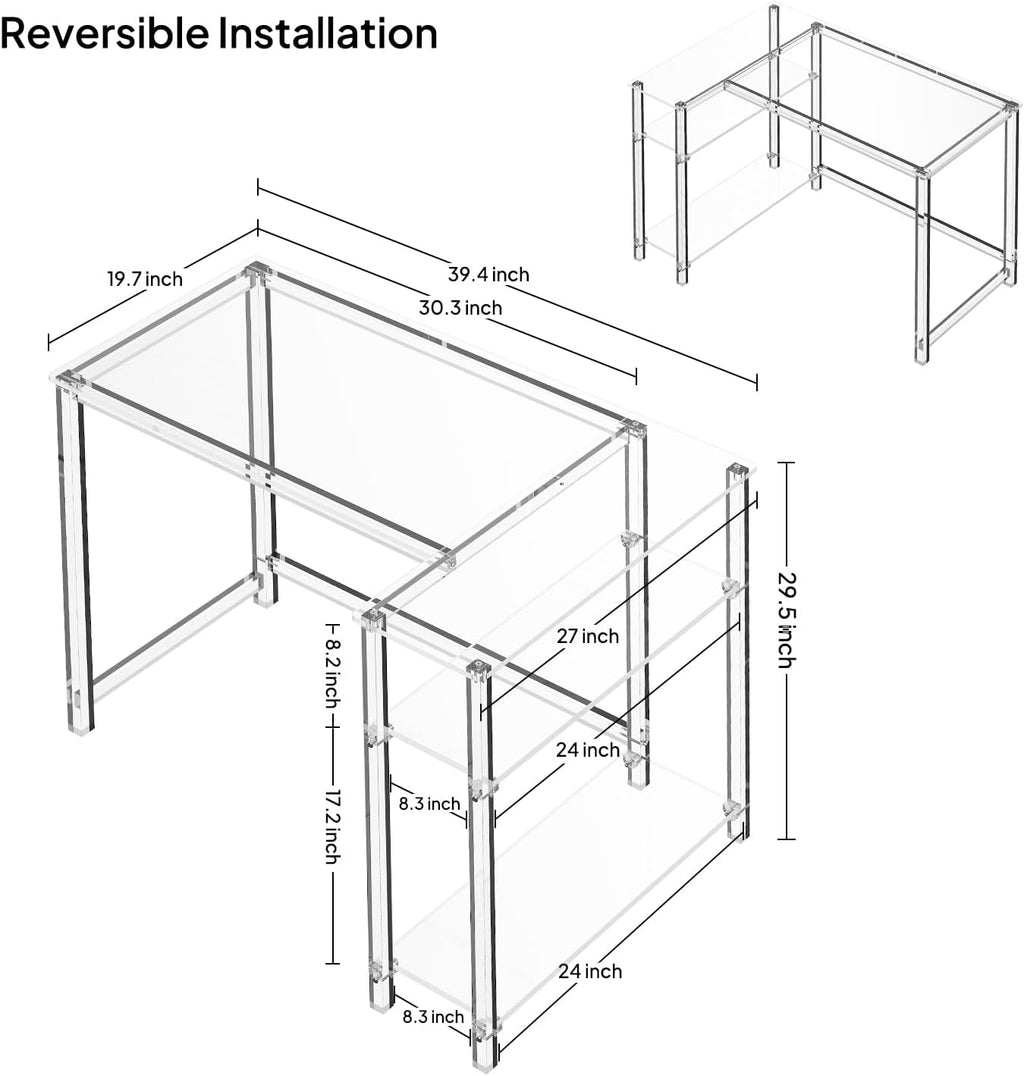 Eglaf Acrylic L-Shaped Desk - Clear Desk with Reversible Storage Shelves - Modern Home Office Desk Corner Desk for Study, Writing, Rectangular Legs, Easy Assembly, 39.4" L x 27''W x 29.5" H