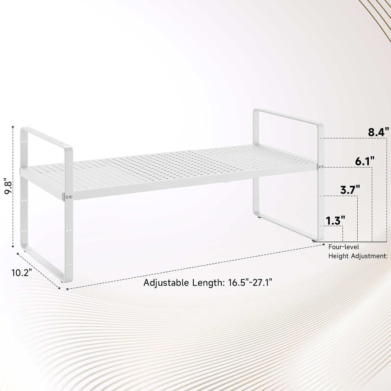Hole Pattern Expandable Shelf Organizer,1Pack 10.2" Wide Easy to Assemble Cabinet Organizer Shelf, 16.5~27.1" Adjustable Height&Stackable Spice Organization for Cupboard, White