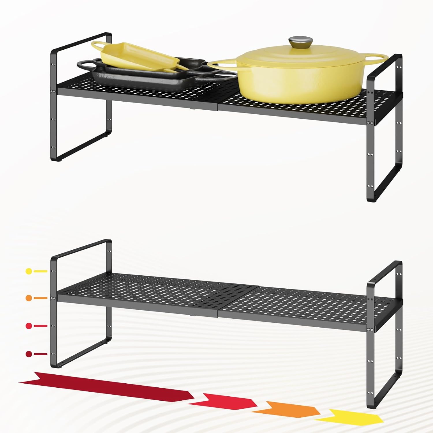 Hole Pattern Expandable Shelf Organizer,2Pack 10.2" Wide Easy to Assemble Cabinet Organizer Shelf, 16.5~27.1" Adjustable Height&Stackable Spice Organization for Cupboard, Black