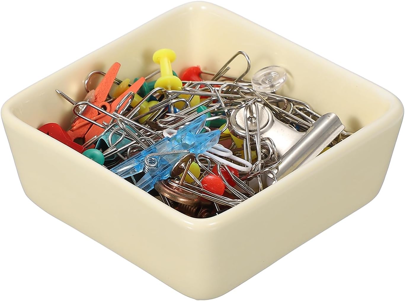 PATIKIL Square Paper Clip Holders, Ceramic Bowl Dish Clip Dispenser Organizer Desk Organizer Accessories for Office Desktop Decor Bobby Pin Binder Paper Clamp, Cream Yellow