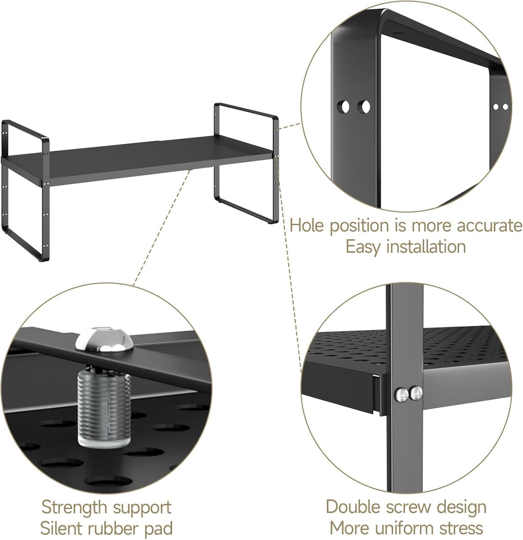 Hole Pattern Expandable Shelf Organizer,2Pack 8.1" Wide Easy to Assemble Cabinet Organizer Shelf, 16.5~27.1" Adjustable Height&Stackable Spice Organization for Cupboard, Black