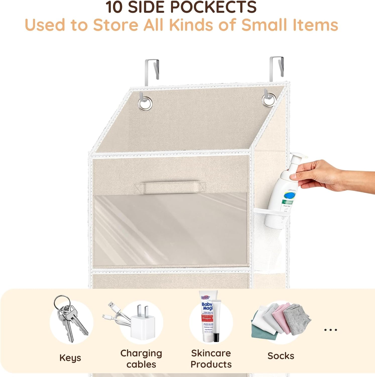 Over the Door Organizer with Drawers, 5 Tier Hanging Storage with Removable Bins & 10 Side Pockets, Over Door Closet Organizer for Baby Items, Yarn, Bed Sheets, Clothes, Toys, Towels – Beige