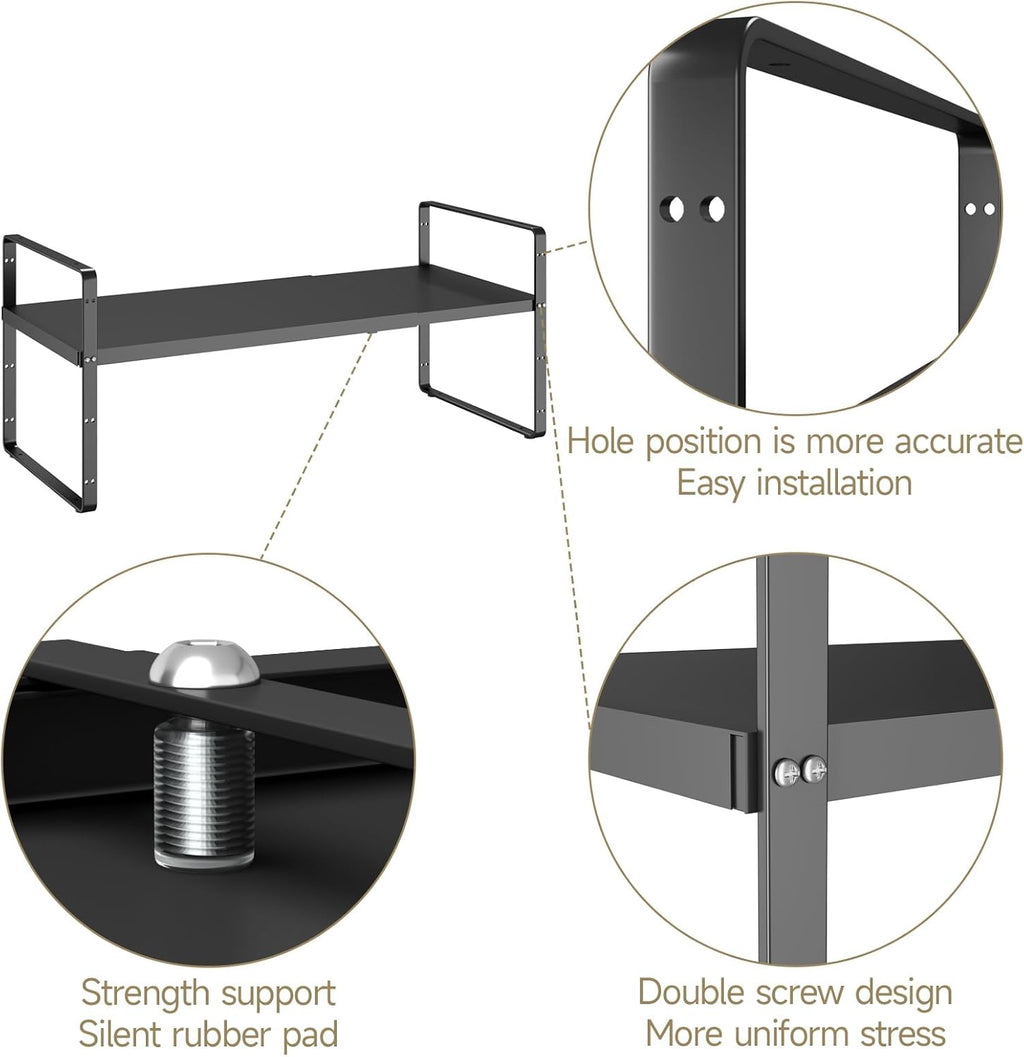 16.5~27.1" Expandable Shelf Organizer, 1Pack 10.2" Wide Stackable Cabinet Shelf Organizers, Black Metal Sturdy Kitchen Counter Storage for Countertop, Adjustable Height Spice Rack