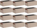 GhvyenntteS Small Fabric Storage Bins 12 Pack, 11.8" x 7.87" x 5.11" Storage Basket with Leather Handles, Closet Storage Bins for Shelves, Storage Baskets for Shelves, DVD Storage (Beige Yellow)