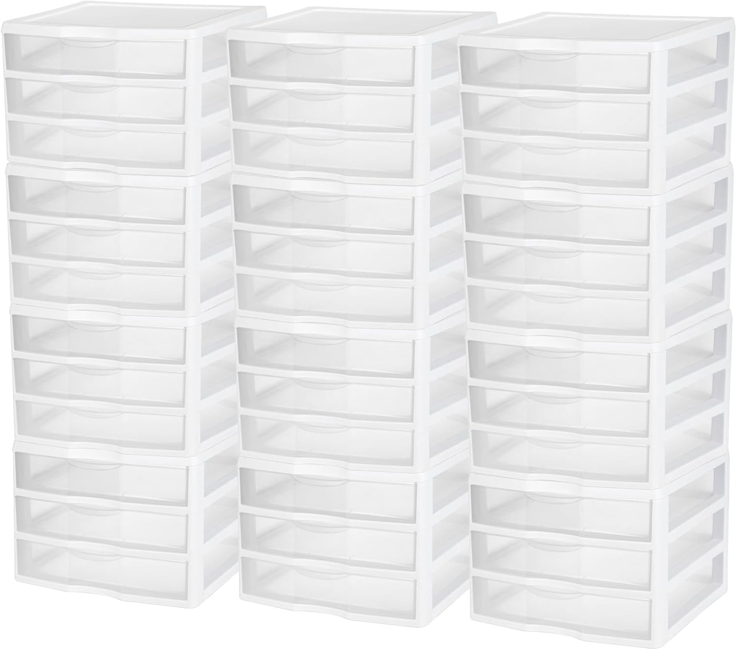 Sterilite 12-Pack Wide 3 Drawer Unit, Plastic Desktop Organizer with Clear Drawers, White Frame - Stackable Multi-Purpose Storage for Office Supplies, Craft Rooms, Classrooms and Home Organization