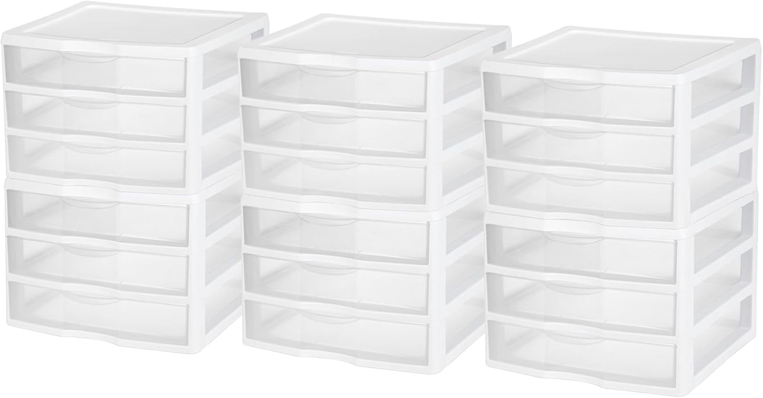 Sterilite 6-Pack Wide 3 Drawer Unit, Plastic Desktop Organizer with Clear Drawers, White Frame - Stackable Multi-Purpose Storage for Office Supplies, Craft Rooms, Classrooms and Home Organization