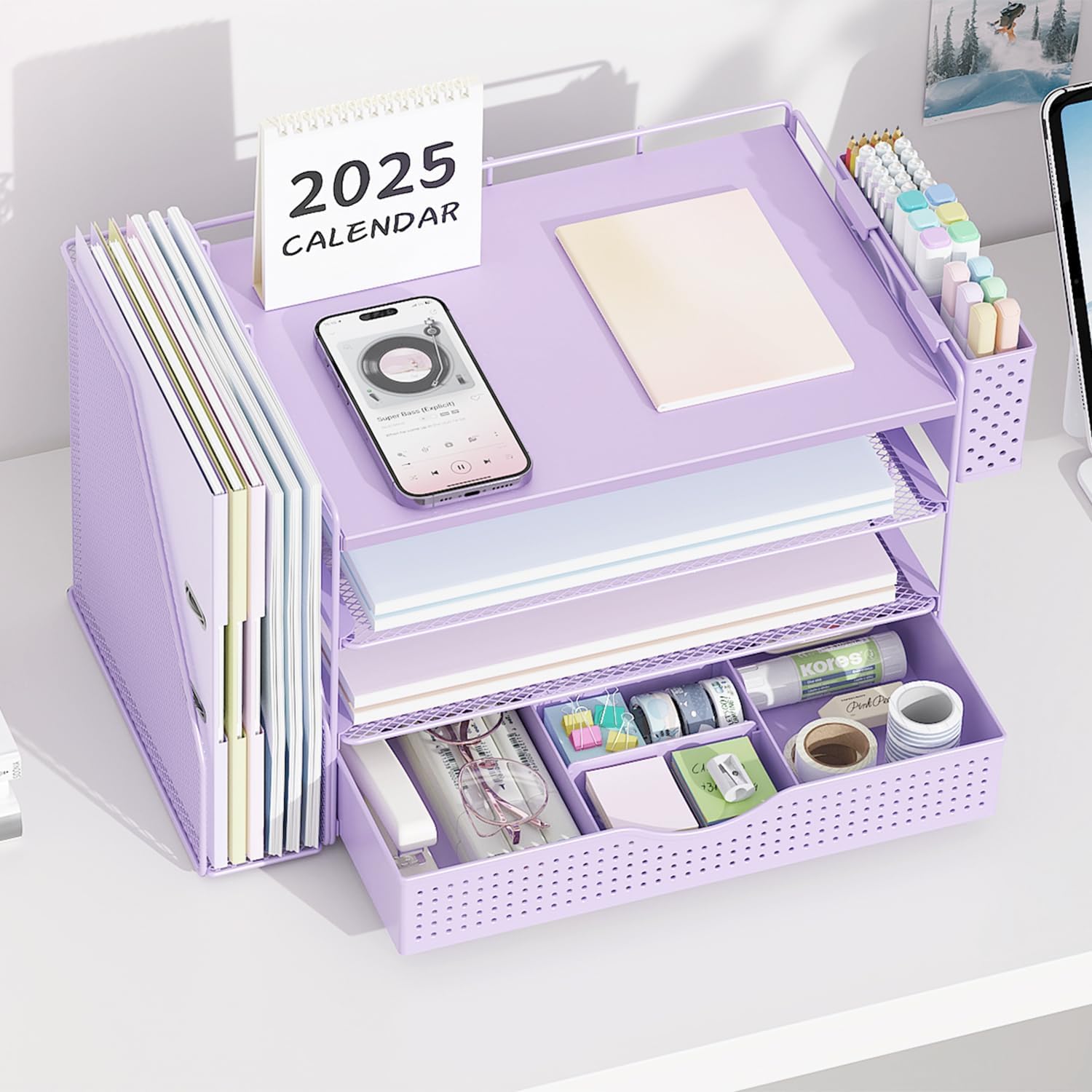 gianotter Wood Desk Organizers and Accessories with File Holder, 4-Tier Desk Accessories & Workspace Organizers with Drawer and Pen Holder, Paper Organizer for Office Supplies (Purple)