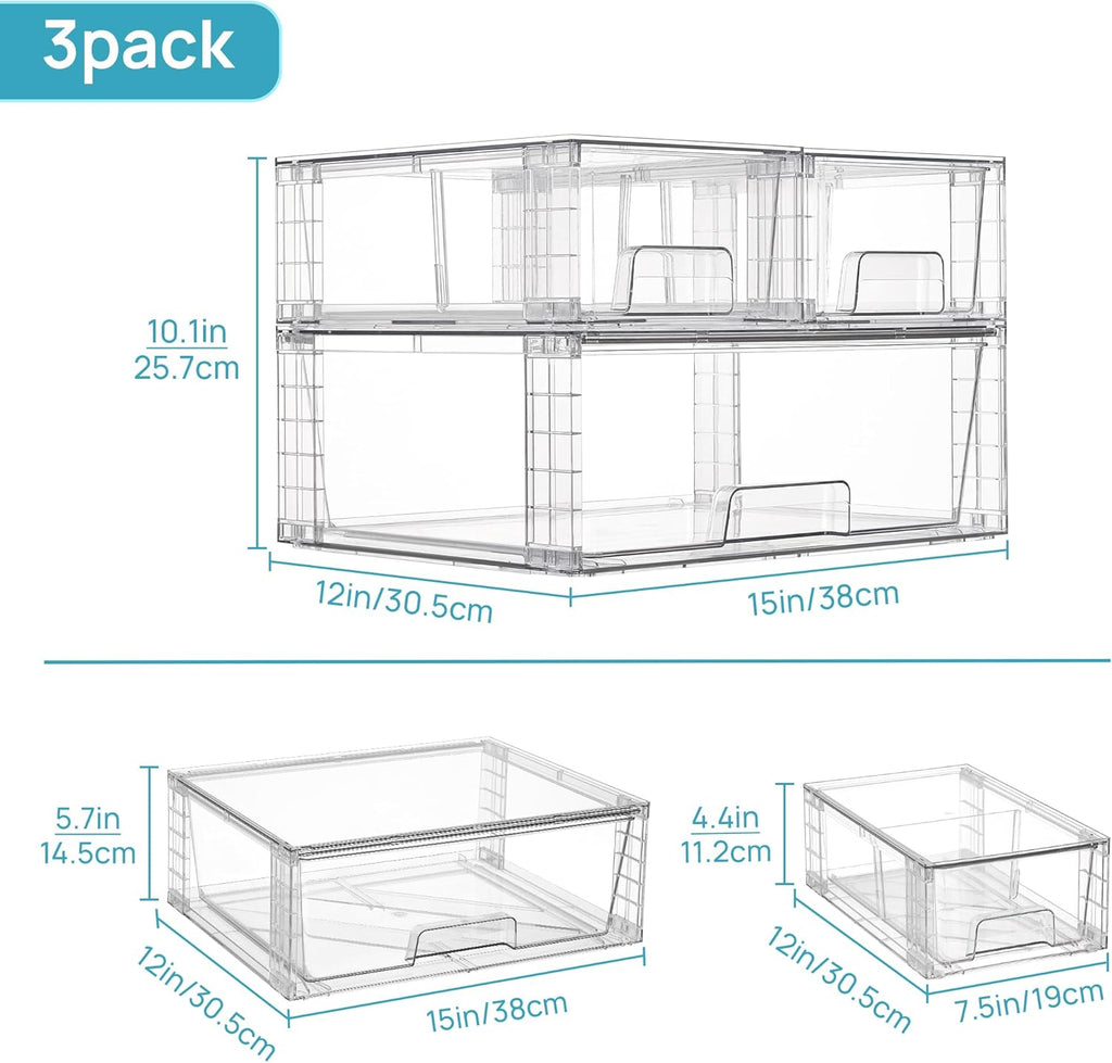 Vtopmart 3 Pack Stackable Storage Drawers, Easily Assemble Acrylic Bathroom Undersink Organizers,Clear Plastic Storage Bins for Closet,Cabinet,Pantry,Medicine Organization