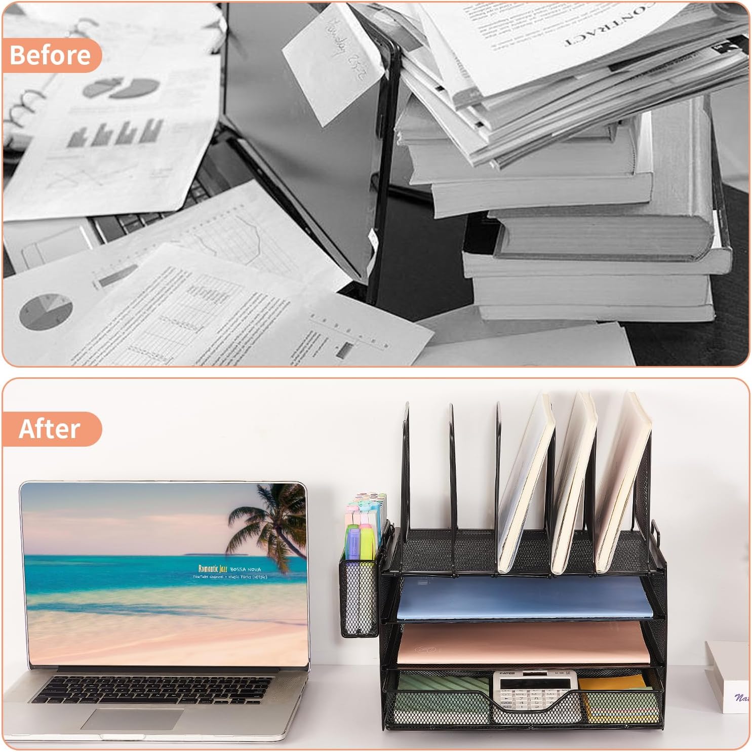 Desk Organizers and Accessories, 3-Tier Paper Organizer with 5 Vertical File Holders, File Organizer for Desk (Black With Drawer, 3T With Drawer)