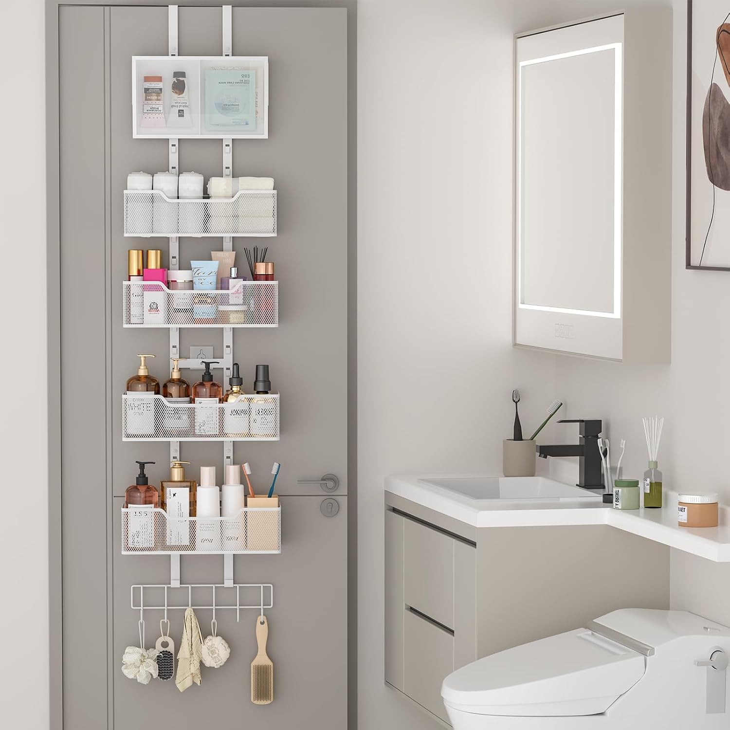 Adjustable Over The Door Organizer, Hanging Door Storage with PVC Pocket and 4 Metal Baskets Wall Mount, Closet Door Organizer Behind Door Rack for Bathroom Bedroom Closet, White