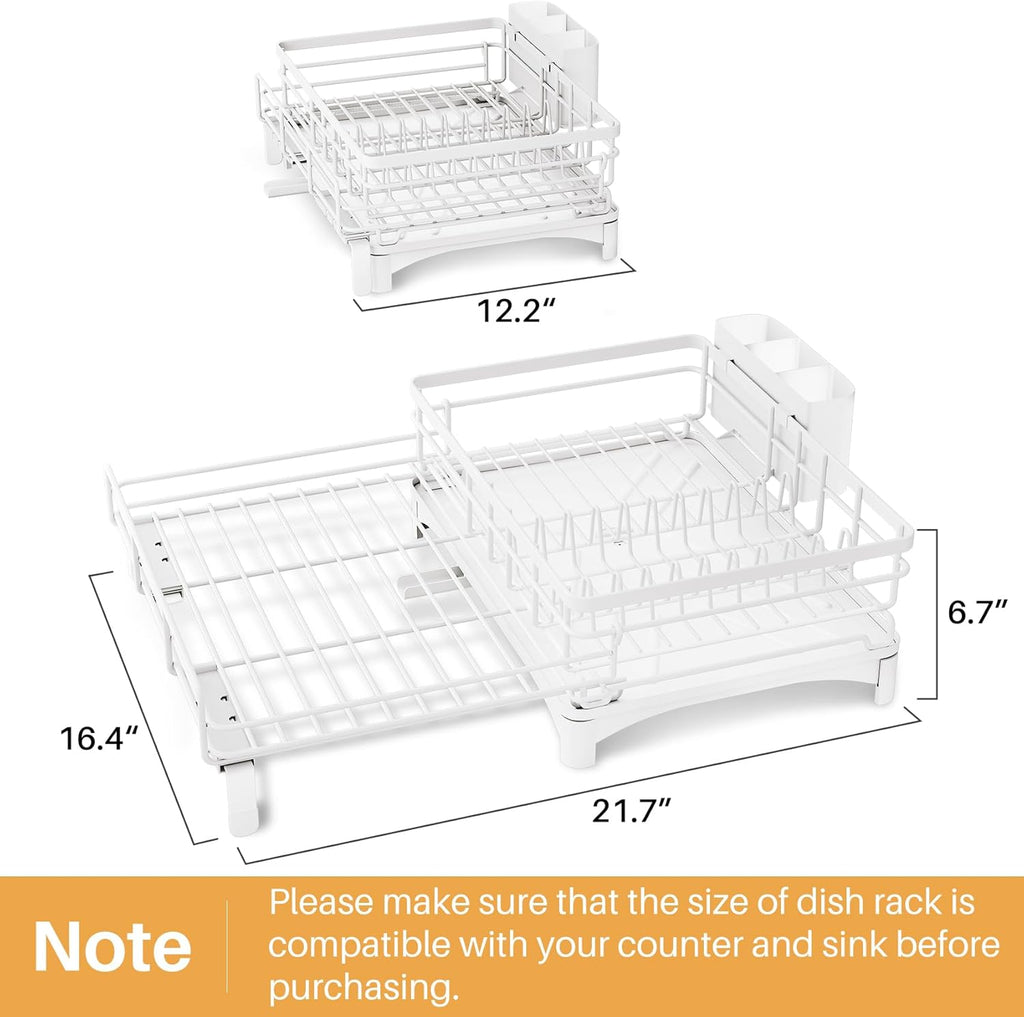 Dish Drying Rack - Extendable Dish Rack, Large Sink Drying Dish Drainer for Kitchen Counter, Stainless Steel Dish Strainer with Utensil Holder (White)