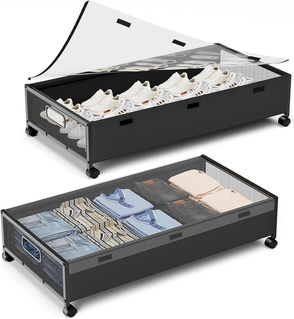 Under Bed Storage Containers with Wheels, 2 Pack Underbed Shoe Storage Organizer with Removable Lids, Large Rolling Under Bed Storage Dresser Drawers for Clothes Toys Shoes Blankets