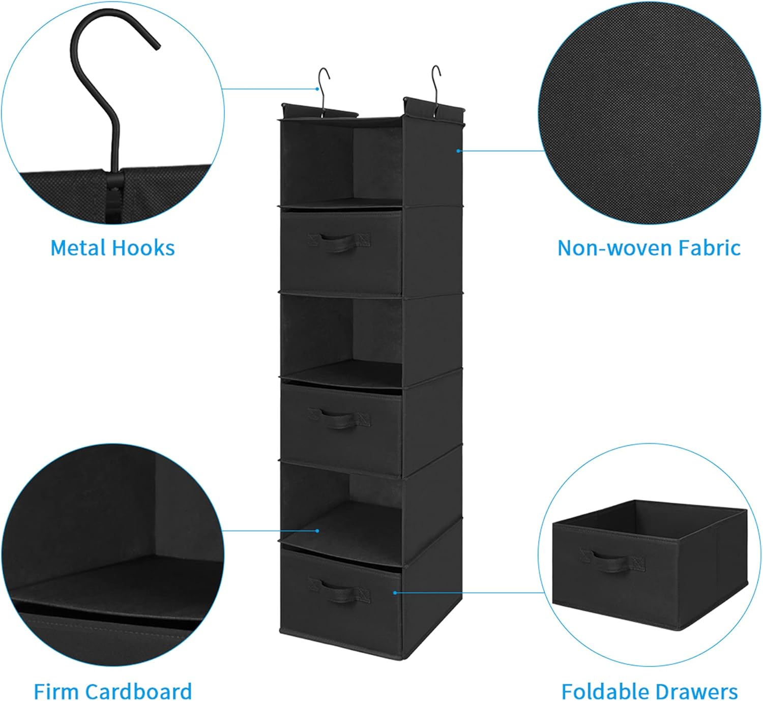 MAX Houser 6 Tier Shelf Hanging Closet Organizer, Closet Hanging Shelf with 2 Sturdy Hooks for Storage, Foldable (Black-D3)