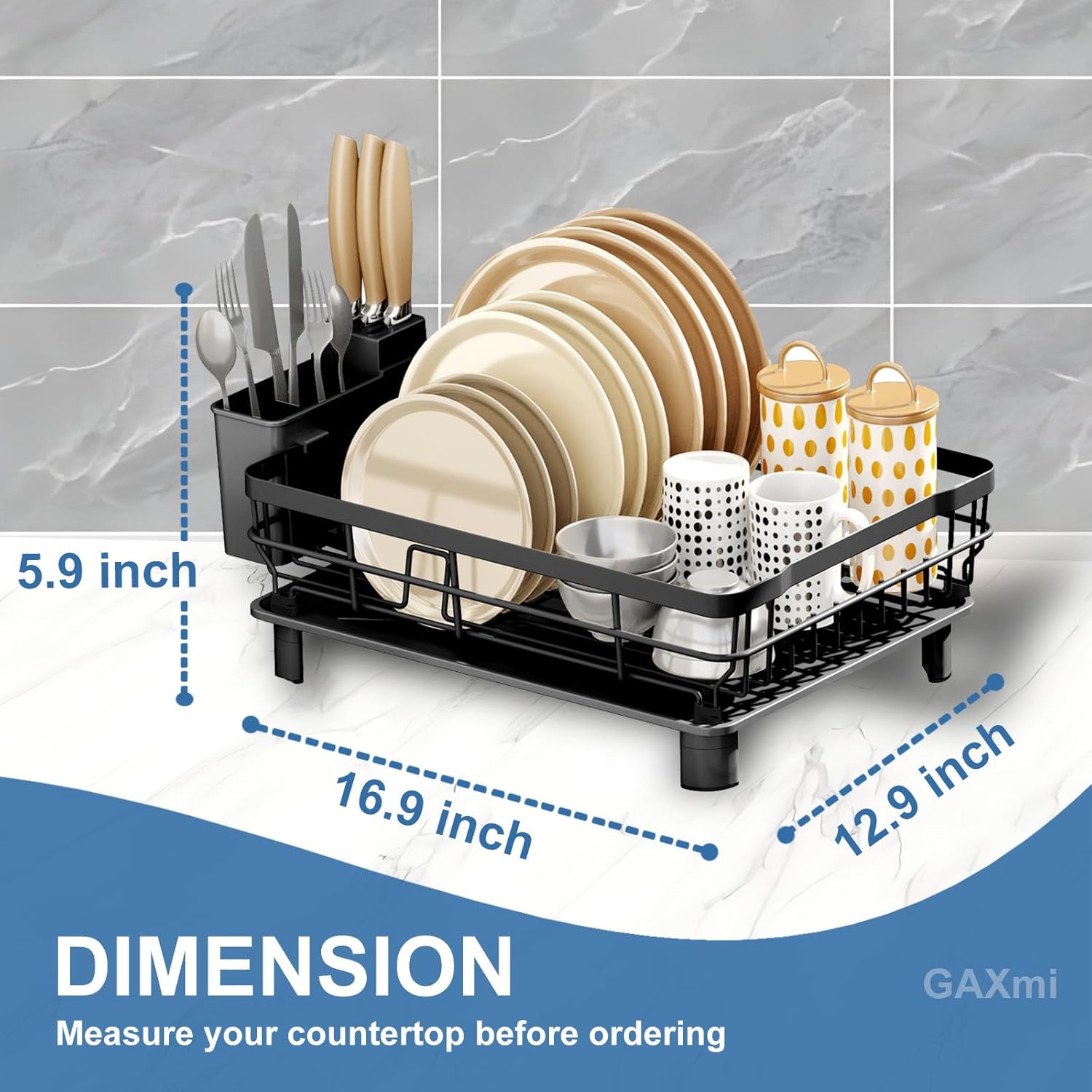 GAXmi Dish Drying Rack Over The Sink Drainer with Drainboard Utensil Holder, 1-Tier Black