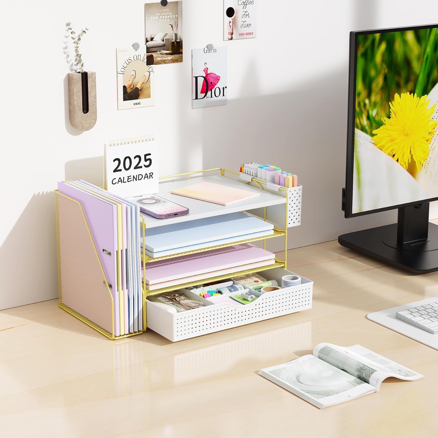 gianotter Wood Desk Organizers and Accessories with File Holder, 4-Tier Desk Accessories & Workspace Organizers with Drawer and Pen Holder, Paper Organizer for Office Supplies (Gold)