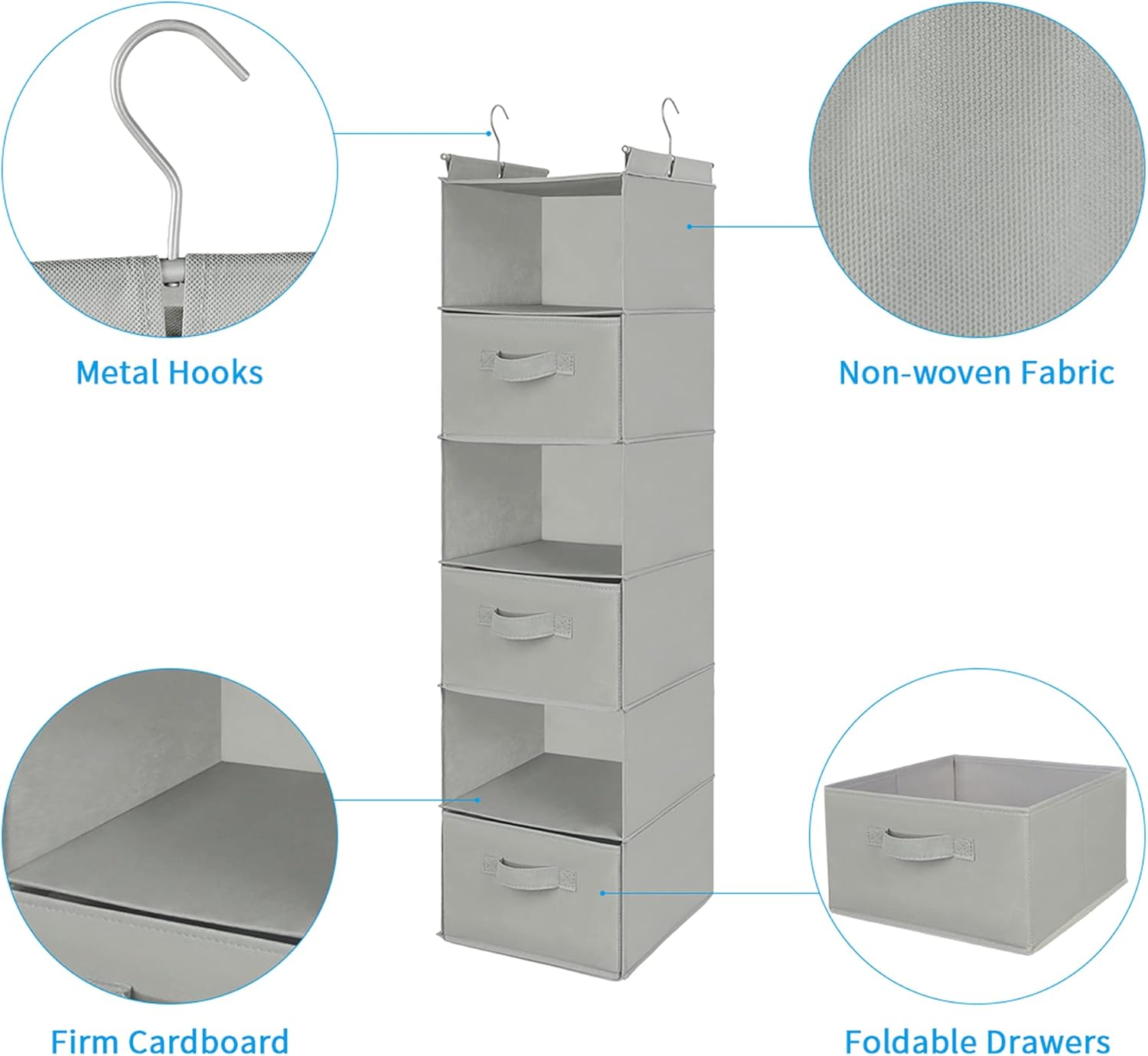 MAX Houser 6 Tier Shelf Hanging Closet Organizer, Closet Hanging Shelf with 2 Sturdy Hooks for Storage, Foldable (Light Grey-D3)