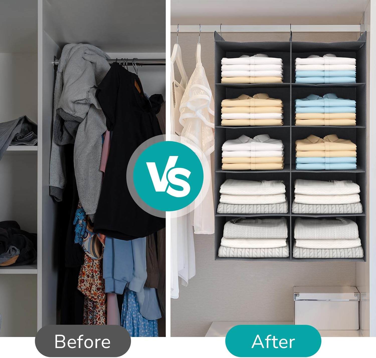 Dual-Row 6 Tier Shelf Hanging Closet Organizer and Storage, 12 Pockets Clothes Storage Shelves with 3 Sturdy Hooks for Clothing Organization, Dorm Room Essentials for Girls, Foldable, Grey