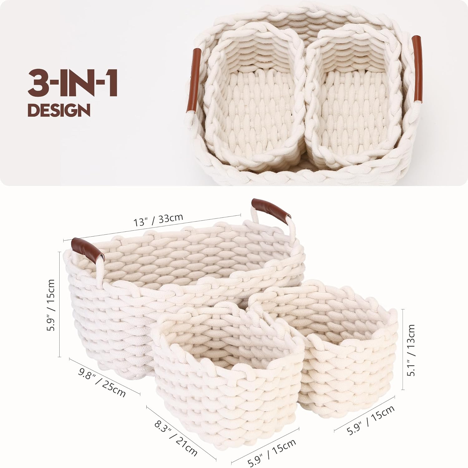 Sea Team 3-Pack Rectangle Woven Cotton Rope Storage Baskets with Handles, Shelf Basket, Closet Organizers, 3-in-1, White