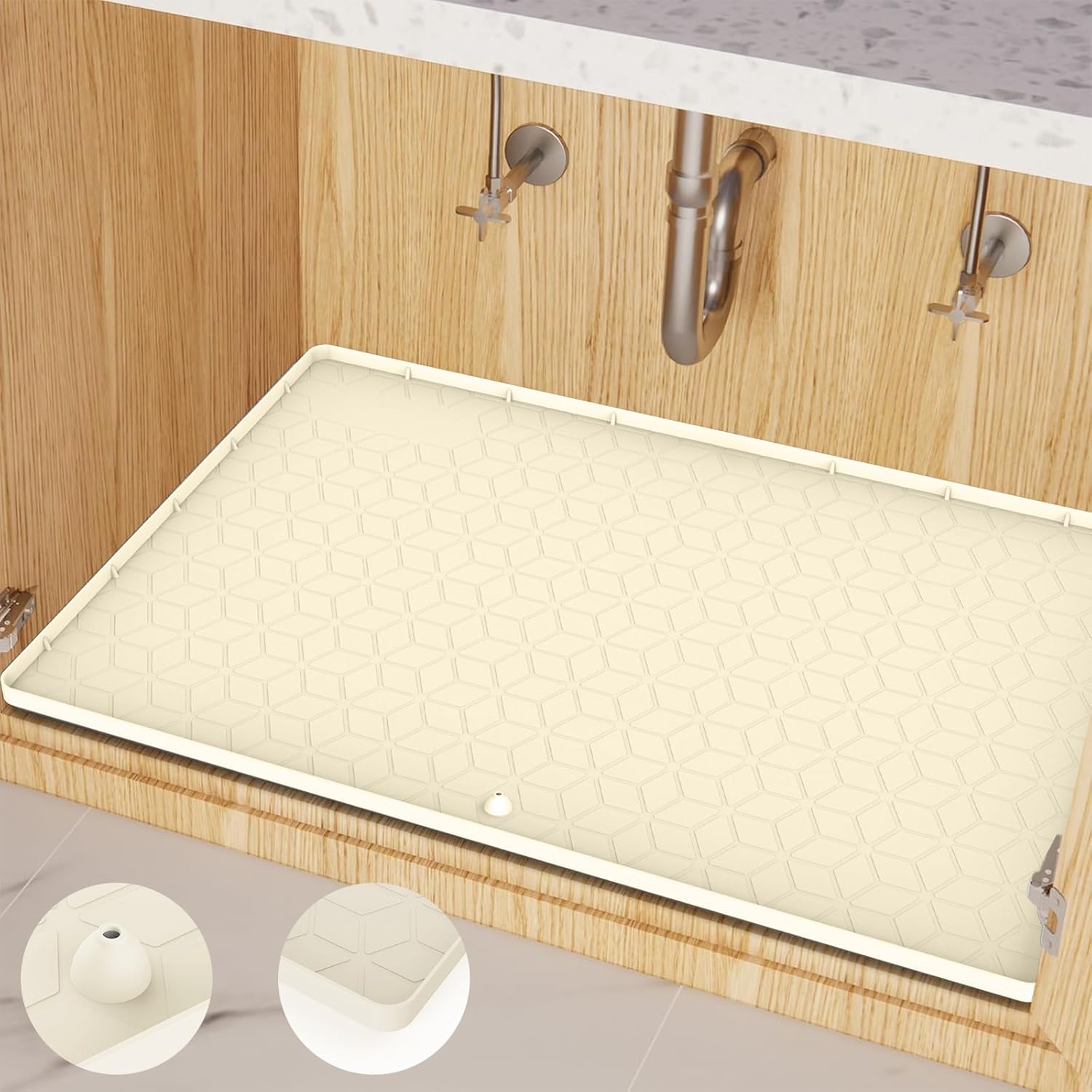 Under Sink Mat for Kitchen, Silicone Waterproof Liner, Flexible Organizer Tray with Drain Hole, 3.6 Gallons Capacity, Easy to Clean