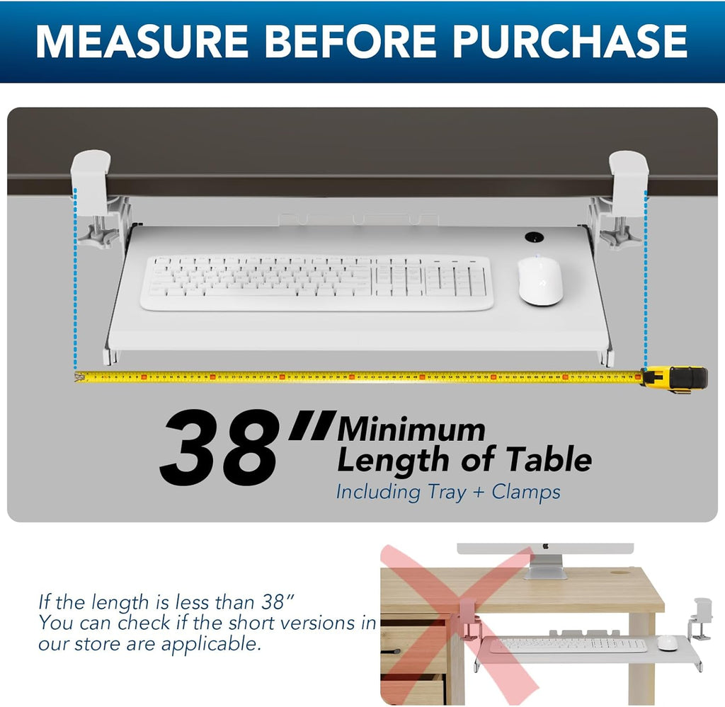 AX WABER Keyboard Tray Under Desk Pull Out with Extra Sturdy C Clamp Mount System, 27.3 (32.5 inch Including Clamps) x 11 Inch Slide-Out Platform Computer Drawer for Typing White AX01WW01