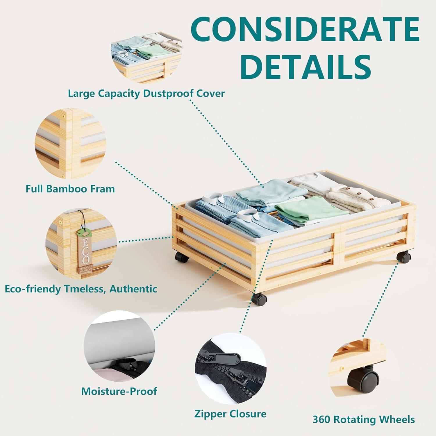 Bamboo Under Bed Storage Containers- Underbed Organizer with Wheels with Large Dust Bag,Sturdy Wood Rolling Under the Bed Shoe Storage Organizer Drawer 2 Packs (Nature, Small)