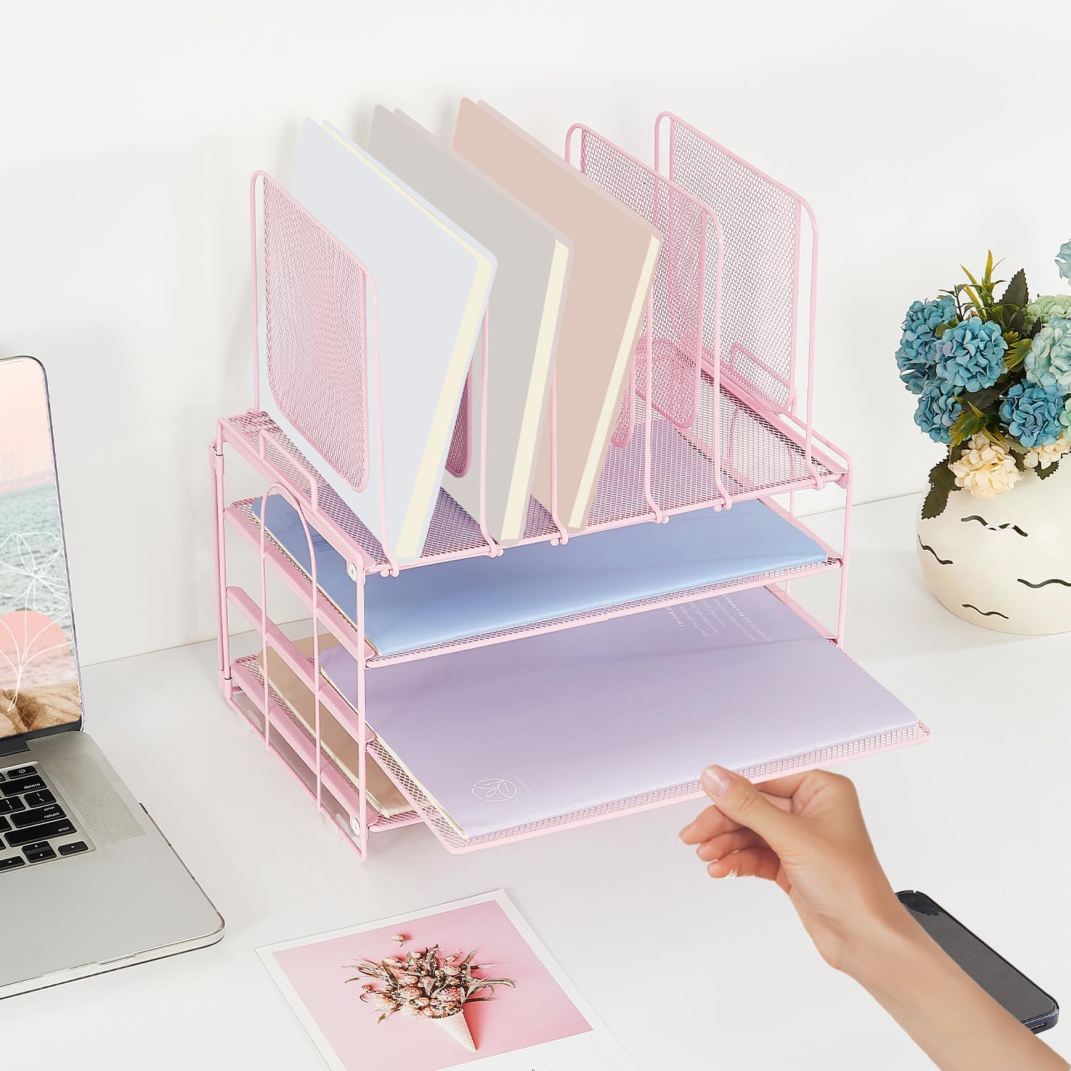 Desk Organizers and Accessories, 3-Tier Paper Organizer with 5 Vertical File Holders, File Organizer for Desk (Pink, 3T)