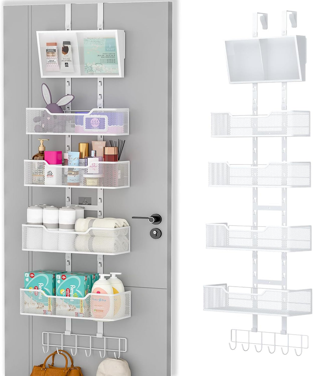 Adjustable Over The Door Organizer, Hanging Door Storage with PVC Pocket and 4 Metal Baskets Wall Mount, Closet Door Organizer Behind Door Rack for Bathroom Bedroom Closet, White