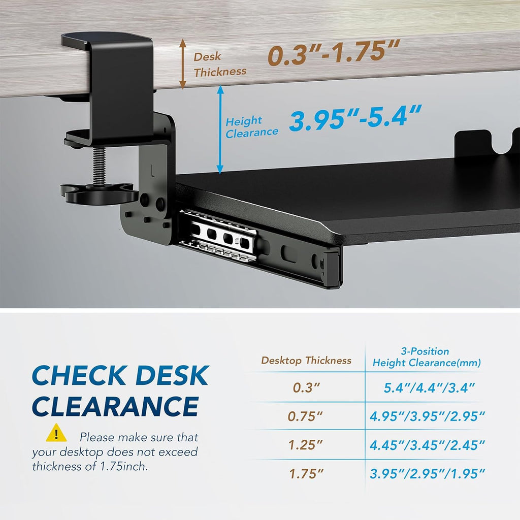 AX WABER Keyboard Tray Under Desk Pull Out with 3 Height Adjustable Extra Sturdy C Clamp Mount System, 32.8 (38 inch Including Clamps) x 12 Inch Slide-Out Platform Computer Drawer for Typing