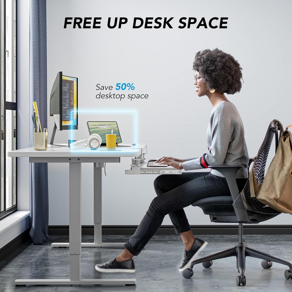 AX WABER Keyboard Tray Under Desk Pull Out with Extra Sturdy C Clamp Mount System, 27.3 (32.5 inch Including Clamps) x 11 Inch Slide-Out Platform Computer Drawer for Typing White AX01WW01