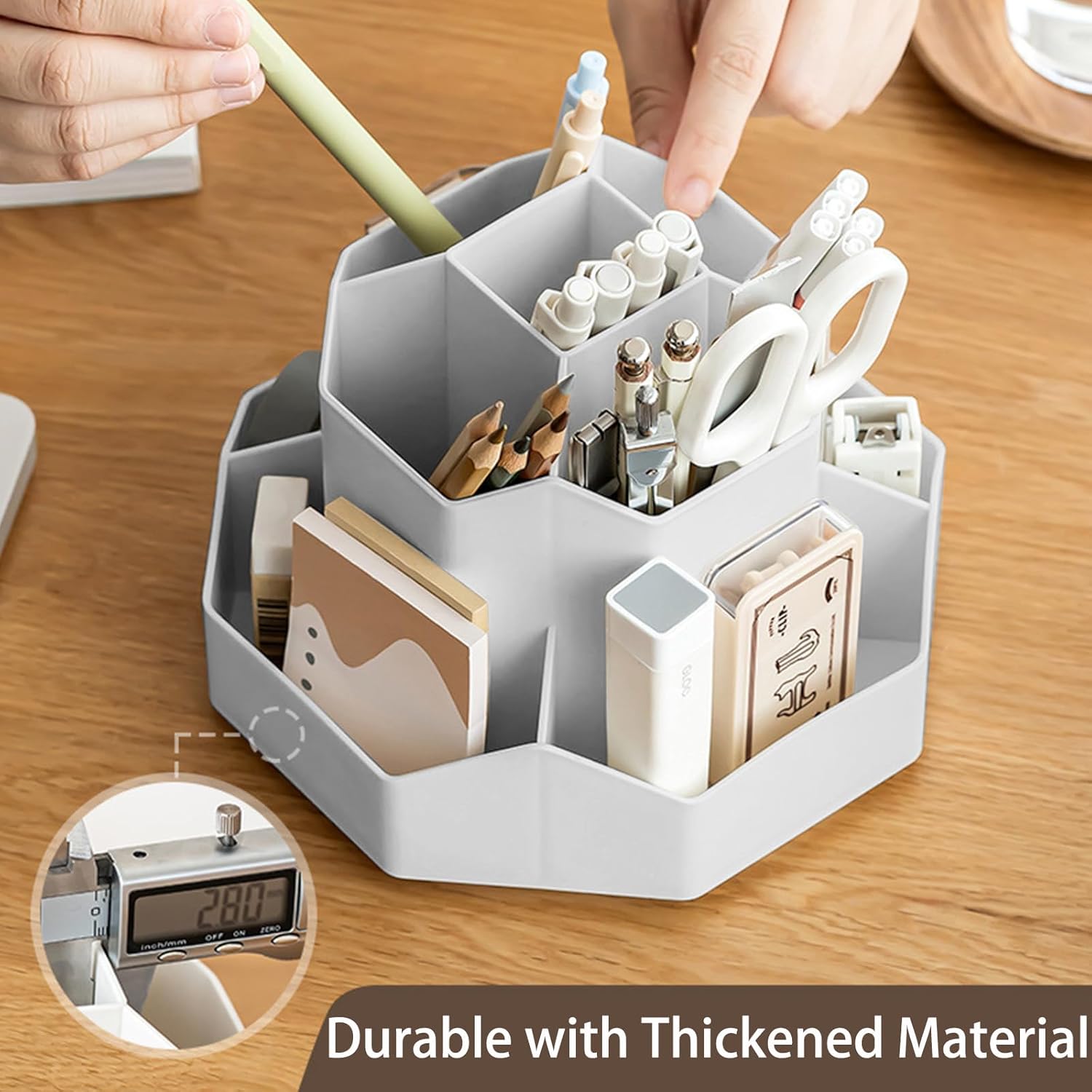 Pencil Pen Holder for Desk, 9 Slots 360 Degree Rotating Desk Organizer, Desktop Storage Pen Organizers Stationery Supplies, Cute Pencil Cup Pot for Office School Home & Art Supplies (Grey)