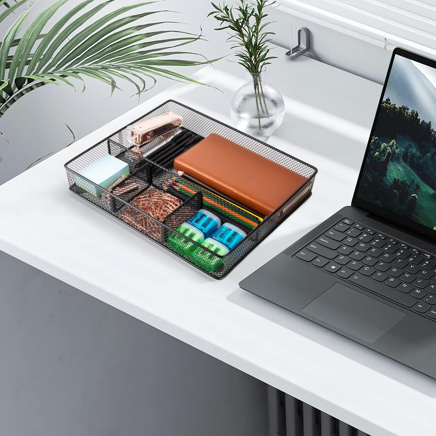 Desk Drawer Organizer Tray, Metal Mesh Drawer Organizers Office, 4 Grid with Adjustable Compartment, Desk Organizer Tray for Home Office 12x10.6x1.9 inch Black, 2 Pack