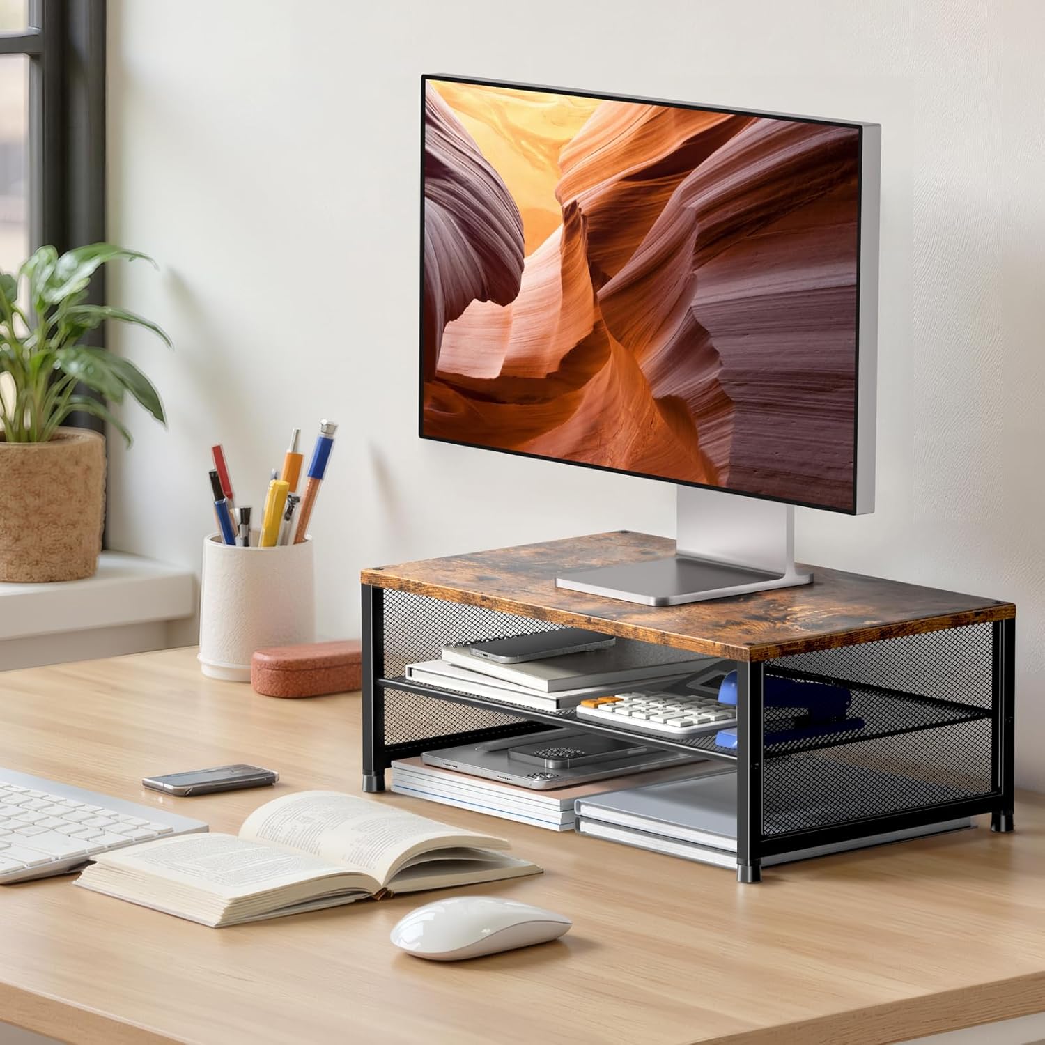 Desk Organizers and Accessories, 2-Tier Metal Computer Monitor Stand Riser, Desk Organizer for Monitor, Printer & Laptop Stand, Desktop Workspace Organizers for Office Supplies(Brown)