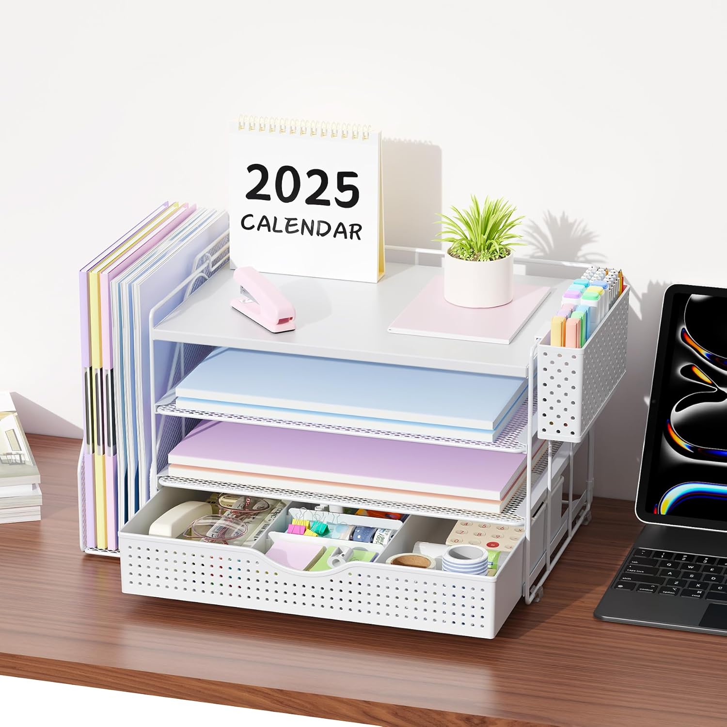 gianotter Wood Desk Organizers and Accessories with File Holder, 4-Tier Desk Accessories & Workspace Organizers with Drawer and Pen Holder, Paper Organizer for Office Supplies (White)