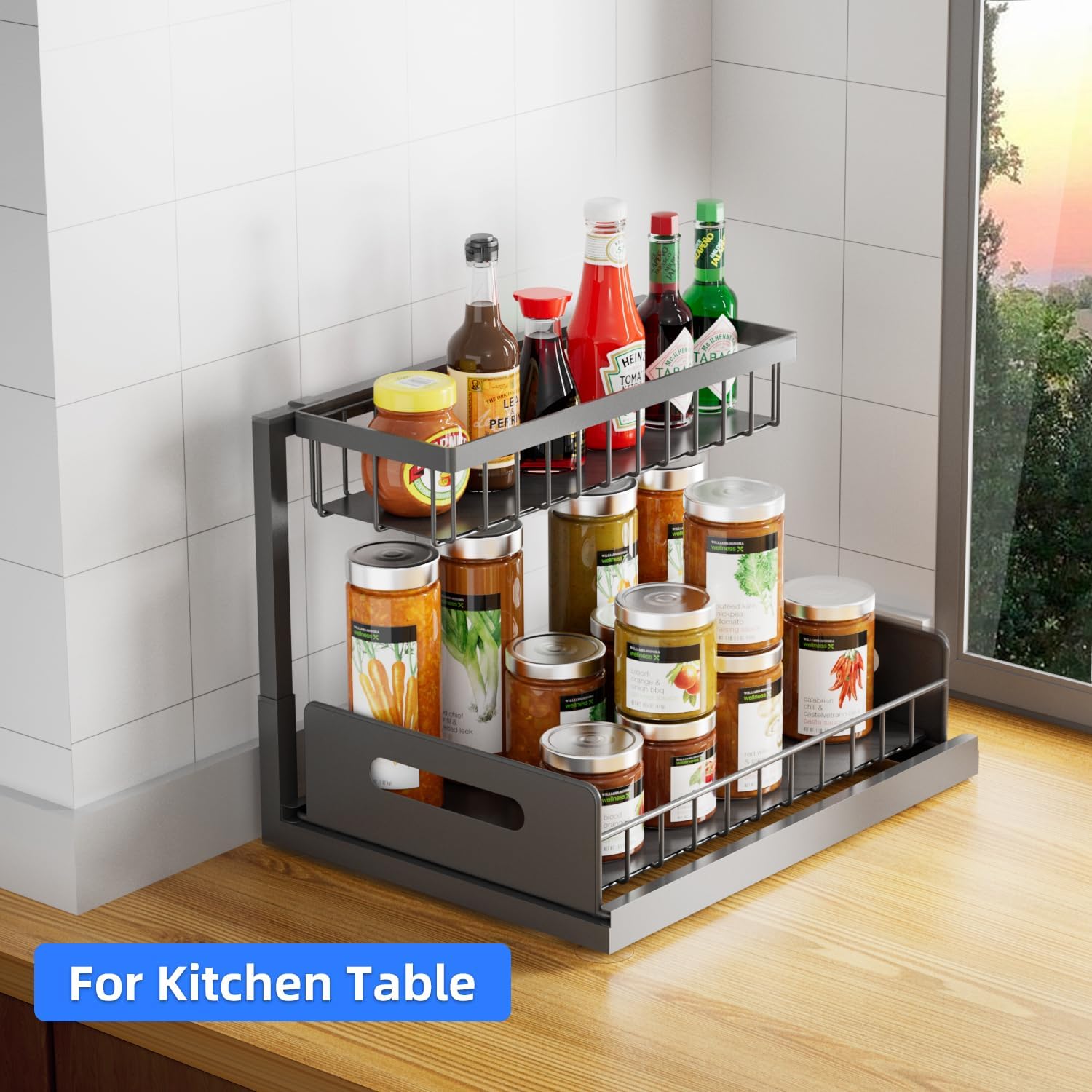 2-Tier Under Sink Slide Out Organizer, Pull Out Cabinet Storage Shelf with Sliding Wire Basket Drawer for Bathroom Kitchen, Countertop or Pantry Shelf, Black