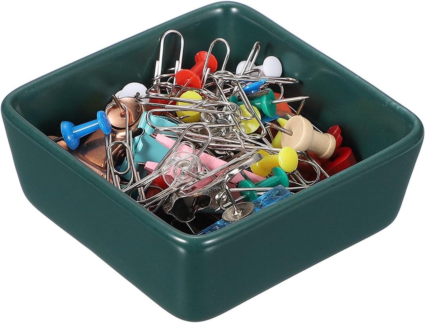 PATIKIL Square Paper Clip Holders, Ceramic Bowl Dish Clip Dispenser Organizer Desk Organizer Accessories for Office Desktop Decor Bobby Pin Binder Paper Clamp, Dark Green