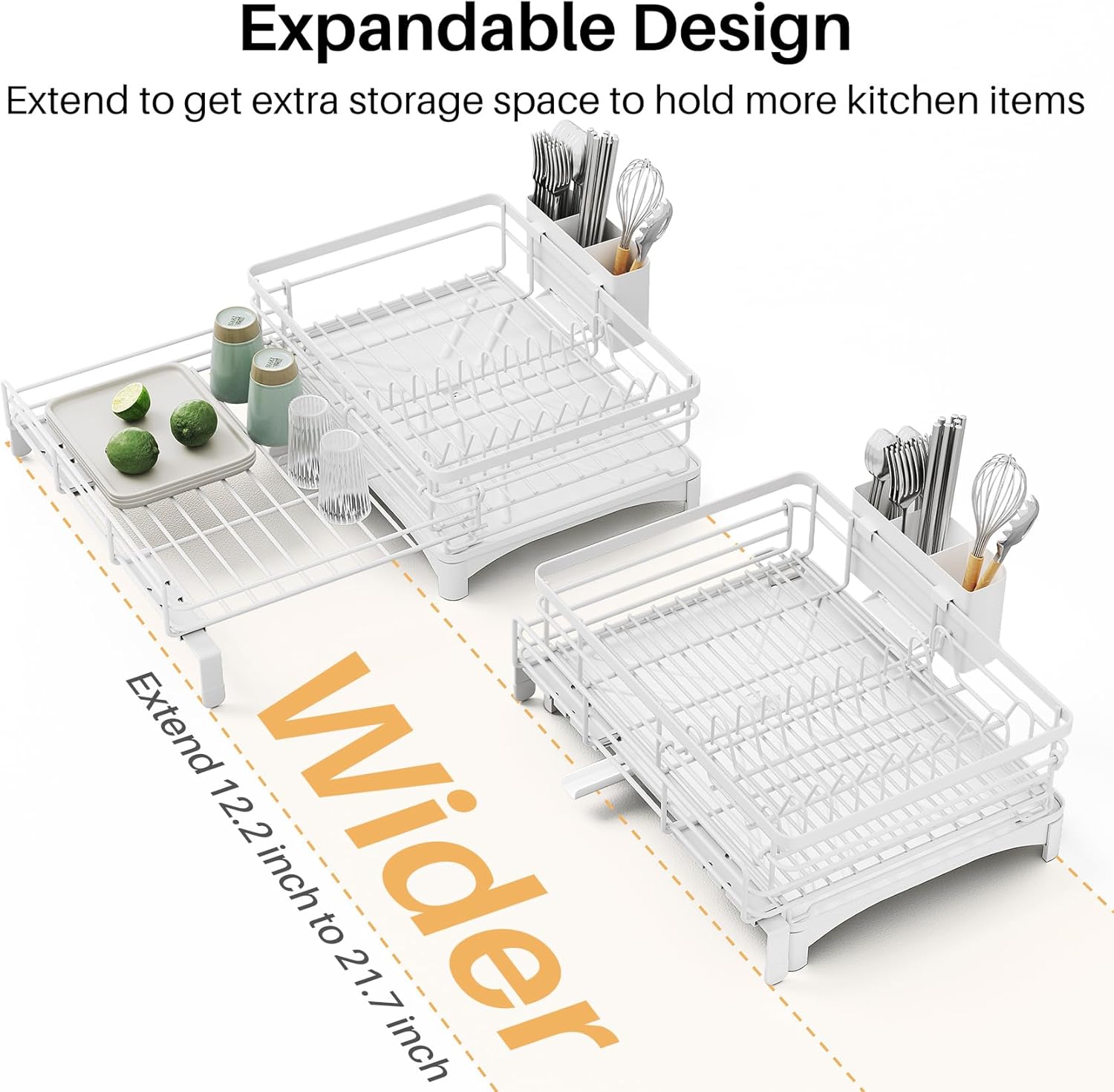 Dish Drying Rack - Extendable Dish Rack, Large Sink Drying Dish Drainer for Kitchen Counter, Stainless Steel Dish Strainer with Utensil Holder (White)